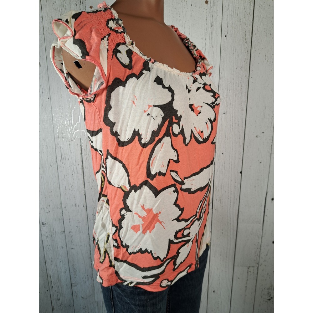 Daisy Fuentes Tropicana Floral Rayon Smocked Cap Sleeve Top Coral Pink Small